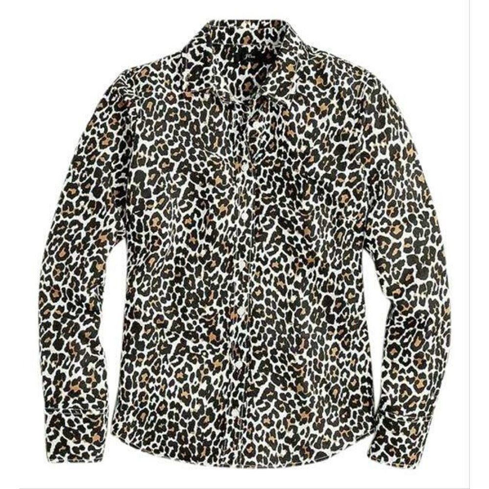 J Crew Women's Linen Leopard Print Top Slim Perfect Button Up Shirt Black Sz 10